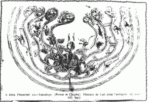 4. ábra. Pitanébeli váza festménye.  (Perrot et Chipiez Histoire de l'art dans l'antiquite, VI. kötet, 923. lap.)A polip szívalakká stilizálása első kezdete.
